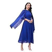 Dresses for Women - Elegant Blue Cloak Sleeve Pleated Hem Dress