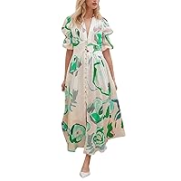Women Floral Print V Neck Button Cardigan Sexy Dress Short Sleeve Formal Party Summer Dresses for Women with