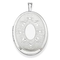 925 Sterling Silver Patterned Engravable Spring Ring Not engraveable Polished and satin 20mm Oval with Flowers Oval Photo Locket Pendant Necklace Jewelry for Women