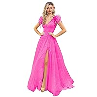 Rjer Women's V Neck Sequin Prom Dresses Sequin Ball Gowns Off Shoulder Feather Wedding Party Gown