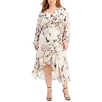 Women's Plus Size Long Sleeve V-Neck Floral Print High-Low Ruffle Skirt Chiffon Dress with Corded Waist