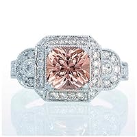 1.5 Carat Vintage Princess Cut Morganite and Diamond Designer Halo Engagement Ring on 10k White Gold