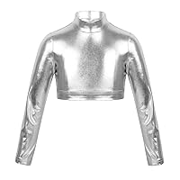 TiaoBug Girls Shiny Metallic Long Sleeve Turtleneck Crop Top Dance T Shirt Jazz Hip-hop Dance Performance Costumes