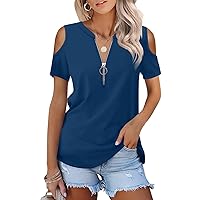 Women's Short Sleeve Cold Shoulder Tops V Neck T Shirts Zip Up Casual Summer Tees Blouses