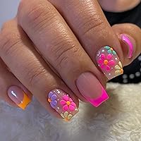 French Tip Press on Nails Short Square Flower Fake Nails with Colourful Flower Designs Nude Pink Acrylic Glossy Nail Decorations Nail Tips Glue on Nails Artificial Acrylic False Nails for Women 24Pcs
