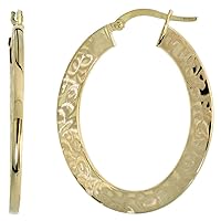 10K Yellow Gold Flat Hoop Earrings Abstract Brush Finish Italy 20-30 mm