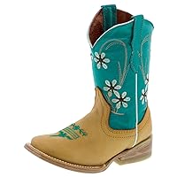Girls Baby Blue Yellow Floral Embroidery Kids Boots Square Toe