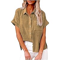 Womens Button Down V Neck Cotton Shirts Casual Short Sleeve Blouses Loose Fit Collared Linen Shirt Work Solid Plain Tops