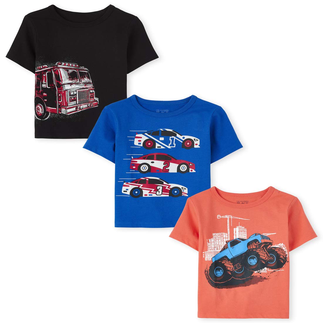 The Children's Place Baby Boys' and Toddler Girls Short Sleeve Graphic T-Shirts 3-Pack, Black Firetruck/Blue Race Car/Orange Monster Truck, 18-24 Months