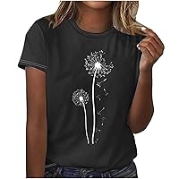 Women's T-Shirts Round Neck Dandelion Print Graphic Tees Summer Short Sleeve Casual Tee Tops Cute Graphic Blouses