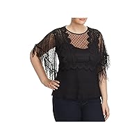 Womens Mesh Lace Fringed Clip Dot Sheer Elbow Sleeve Crew Neck Evening Top