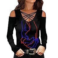 Custom T Shirts for Women Front and Back Ladies Long Sleeve Off Shoulder Top Printed Round Neck Valentine's Da