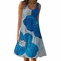 Womens Summer Dresses Women's Casual Fashion Long High Waist Tied Printed Patterns Round Neck Dress(Blue #3,Medium)