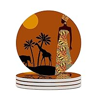 African American Women Giraffe Ceramic Coaster with Cork Backing Absorbent Drink Coasters Housewarming Gifts for New Home Round 4 Inches 4PCS