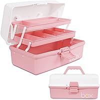 12in Three-Layer Multipurpose Storage Box Organizer Folding Tool Box/Art & Crafts Case/Sewing Supplies Organizer/Medicine Box/Family First Aid Box with 2 Trays (White Pink)