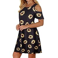 Misyula Style Womens Summer Cold Shoulder Floral Flowy T-Shirt Dress with Pockets