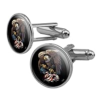 These Colors Don't Run Patriotic Eagle USA American Flag Round Cufflink Set Silver Color