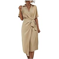 Women's 2024 Cotton Linen Dress Wrap V Neck Short Sleeve Belted Ruffle Hem A-Line Flowy Midi Dresses Work Dresses