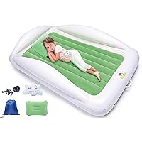 Sleepah Inflatable Toddler Travel Bed Portable Kids Air Mattress Set w Safety Bed Rail Guards for Kids & Toddlers – Set Includes Pump, Carry Case, Pillow & More - Perfect Transitional Cot Green