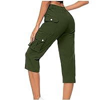 Womens Cropped Trousers Button Zipper Cargo Cropped Pants High Waist Wide Leg 3/4 Joggers for Women UK Summer Solid Loose Outdoor Fitness Climbing Sweatpants Activewear Gym Leggings Clothes Women