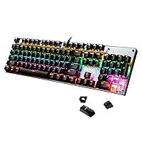 Wired Mechanical Gaming Keyboard Blue Switch 104 Keys RGB Rainbow LED 9 Backlight Modes Full Anti-ghosting Metal Panel Waterproof Ergonomic Key Layout USB For Gamers Typists （Black）