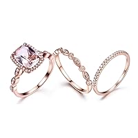 7x9mm Cushion Pink Morganite Halo Claw Ring Set,Half Eternity 14k Rose Gold Diamonds Vintage Bridal Band