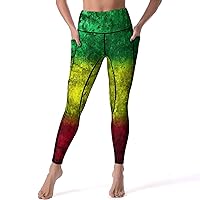 Red Yellow Green Rasta Flag Casual Yoga Pants with Pockets High Waist Lounge Workout Leggings for Women