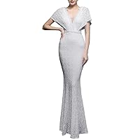 Women's Double V-Neck Sequins Mermaid Evening Dresses with Sleeves