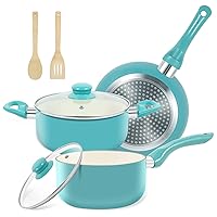 Pots and Pans Set, 7 Piece Nonstick Ceramic Cookware Set, Induction Kitchen Cookware Sets, Pots and Pans Non Stick with Stay Cool Handle, 100% PFOA Free, Turquoise