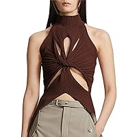 Zewuai Women Sexy Hollow Out Twist Front Knitted Tank Tops Sleeveless High Neck Cut Out Sweater-Vests