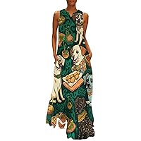 Dogs Eating Pizza Women's Summer Sleeveless Long Dress V-Neck Ankle Maxi Dresses with Pockets