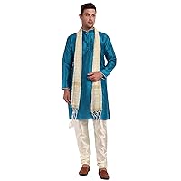SKAVIJ Men's Art Silk Indian Ethnic Wear Kurta Pajama and Scarf Suit Festivals Season Party Dress Set