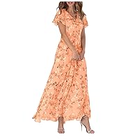 Flower Chiffon Beach Dresses 2024 Modest Casual Robe Vacation Short Sleeve V-Neck Long Max 1920S Dresses for Women