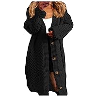Women's Long Sweaters Coat Button Down Jackets Open Front Long Sleeve Thick Cable Twist Knit Sweater Maxi Cardigans Tops Casual Cozy Fall Winter Outwear with Pockets(Black XL)