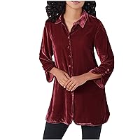 Womens Soft Comfy Velvet Button Down Shirts Vintage 3/4 Sleeve Tunic Blouses Winter Ladies Business Casual Work Tops