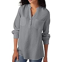 Womens 100% Cotton Tunic Long Sleeve V Neck Gauze Shirt Casual Work Lounge Blouse Tops