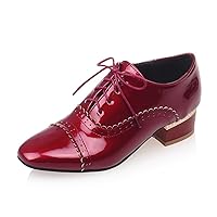 SHEMEE Women's Patent Leather Pointed Toe Flat Oxfords Pumps Vintage Wingtip Low Heels Lace Up Retro Brogues Dress Shoes