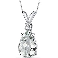 PEORA Green Amethyst with Genuine Diamond Pendant in 14K White Gold, Elegant Teardrop Solitaire, Pear Shape, 10x7mm, 1.70 Carats total