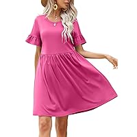 VIISHOW Women's Summer Dress Ruffle Sleeve Round Neck Mini Dress Solid Color/Floral Print Loose Comfy Swing Sundress