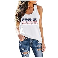 Women Stars Stripes USA Graphic Casual Tank Tops Summer July 4th Racer Back Sleeveless Crewneck Loose Fit T-Shirts