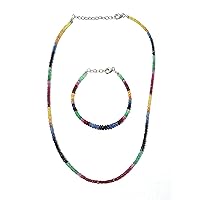 Natural Ruby-Emerald-Sapphire Sterling Silver Necklace-Bracelet Set, Faceted Rondelles, 925 Sterling Silver Jewelry for Women