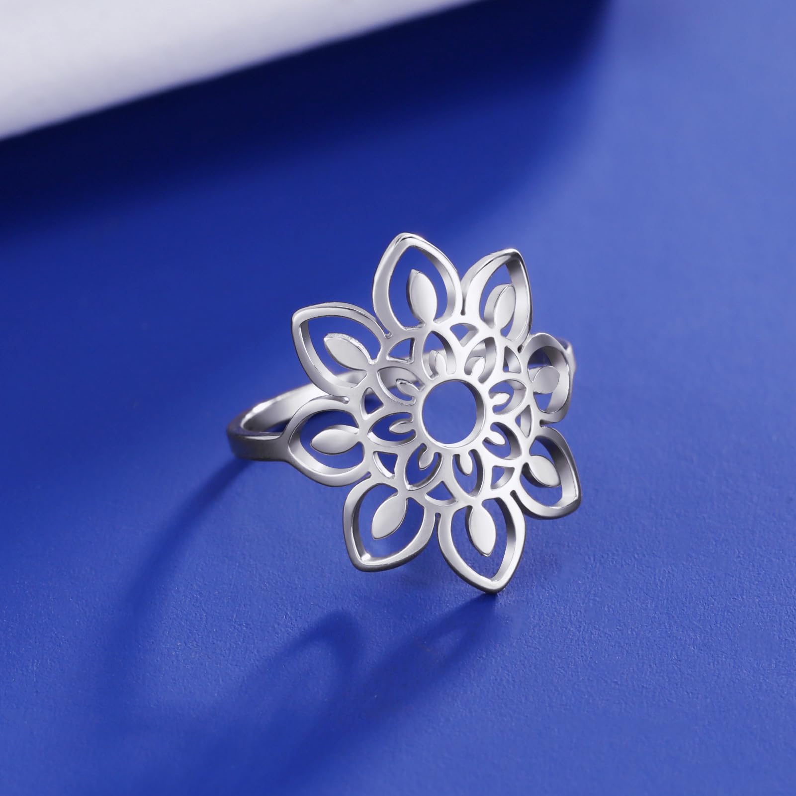 TEAMER Lotus Ring Stainless Steel Hollow Lotus Ring Geometric Ring Simple Jewelry for Women Girls