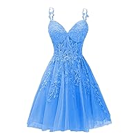 Lace Applique Homecoming Dresses for Teens Short Spaghetti Straps Tulle Prom Dresses 2023 Mini Cocktail Party Gown