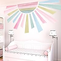 Large Half Sun Wall Decals Peel and Stick, Large Watercolor Sunburst Fabric Wall Stickers, Removable Home Room Wall Decor for Children Boys Girls Baby Nursery Bedroom Living Room