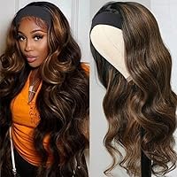 Nadula Hair FB30# Highlights Honey Brown Ombre Body Wave Headband Wigs Human Hair None Lace Front Wig For Black Women, Brazilian Body Wave Headband Wig Balayage Highlights Wig 150% Density (14inch)