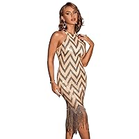 Women's Dress Contrast Sequin Fringe Hem Halter Bodycon Dress Dresses for Women (Color : Champagne, Size : Small)