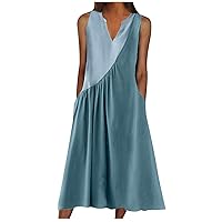 Womens Summer Stand Collar Dresses 2023 Trendy Sleeveless Color Block Patchwork Sundress Loose A-Line Beach Dress