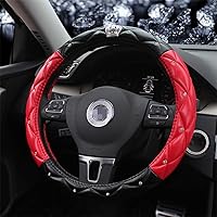 Bling Crown Leather Steering Wheel Cover Women Crystal Rhinestones Diamond Steering Covers 15inch Non Slip Car Protector Accessory Universal Fit Most Car (red-Black)
