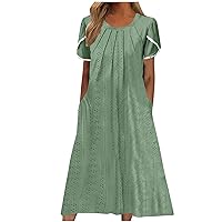 Women's Maxi Dresses Short Sleeve Eyelet Embroidery Pleated Flowy Sundress Solid Color Beach Long Dress with Pockets