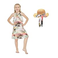 Girl Hawaiian Round Neck with Ruffle Dress in Blue Leaf